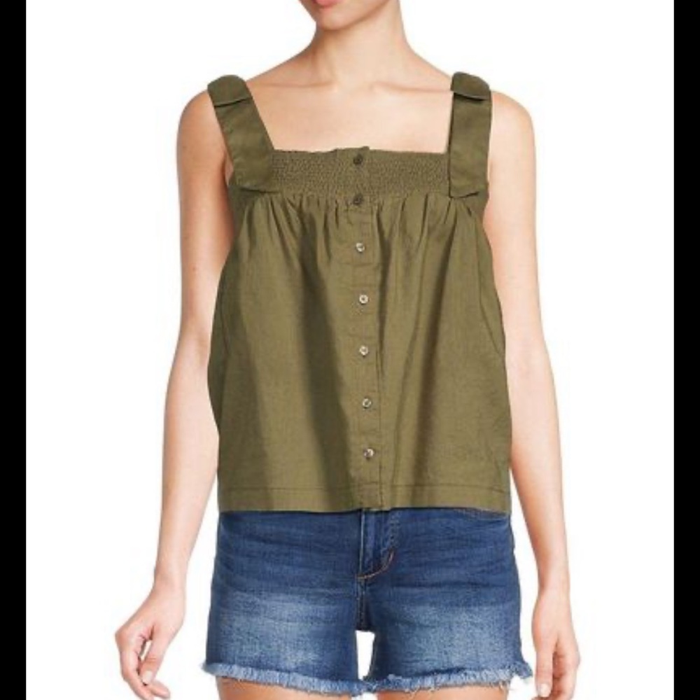 Saks Fifth Ave  Women's Olive Green  Linen & Cotton Tie Sleeve Tank Top XL